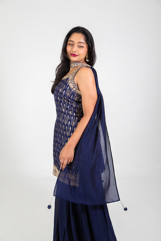 Navy Blue Gold Embroided Sharara Set