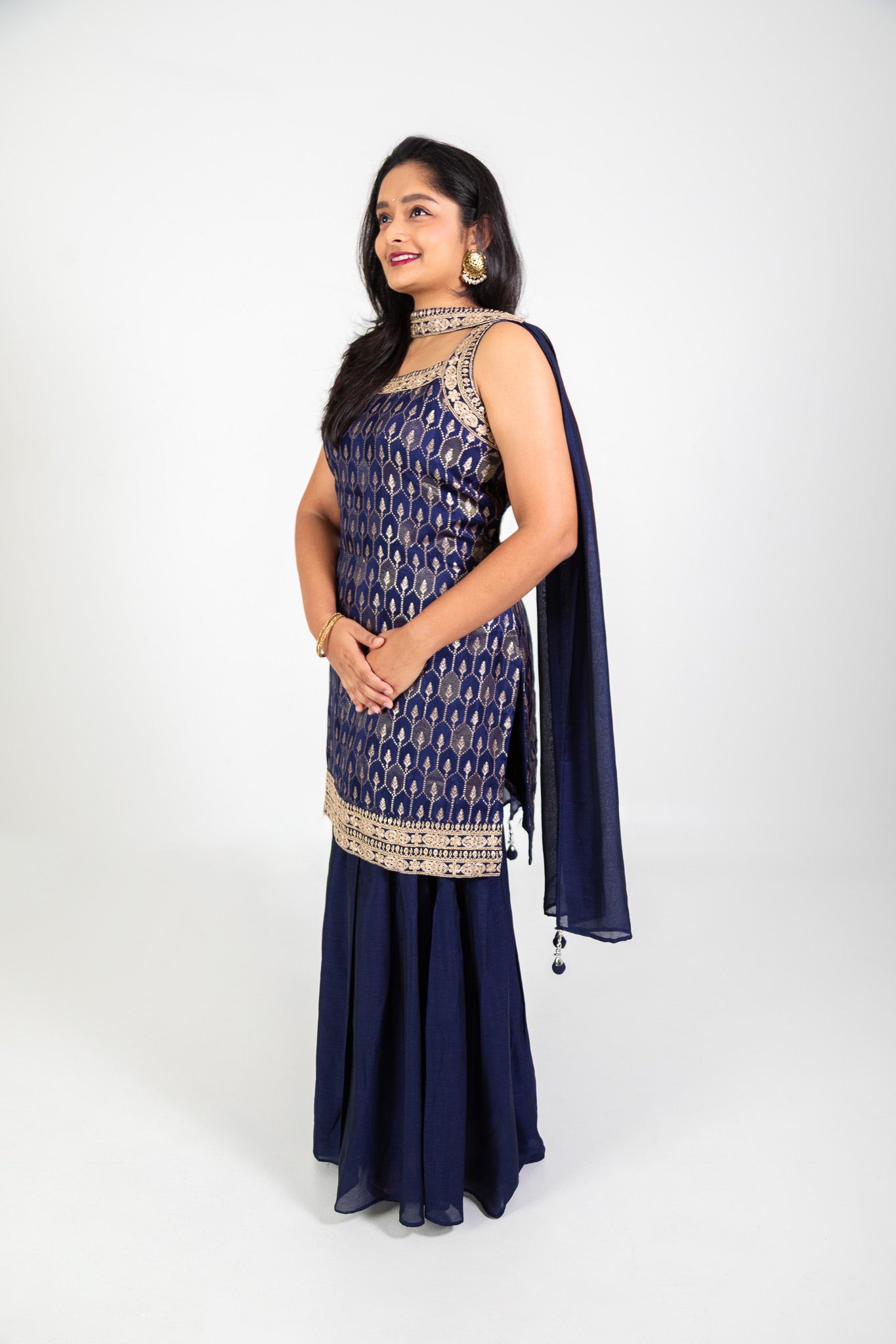 Navy Blue Gold Embroided Sharara Set