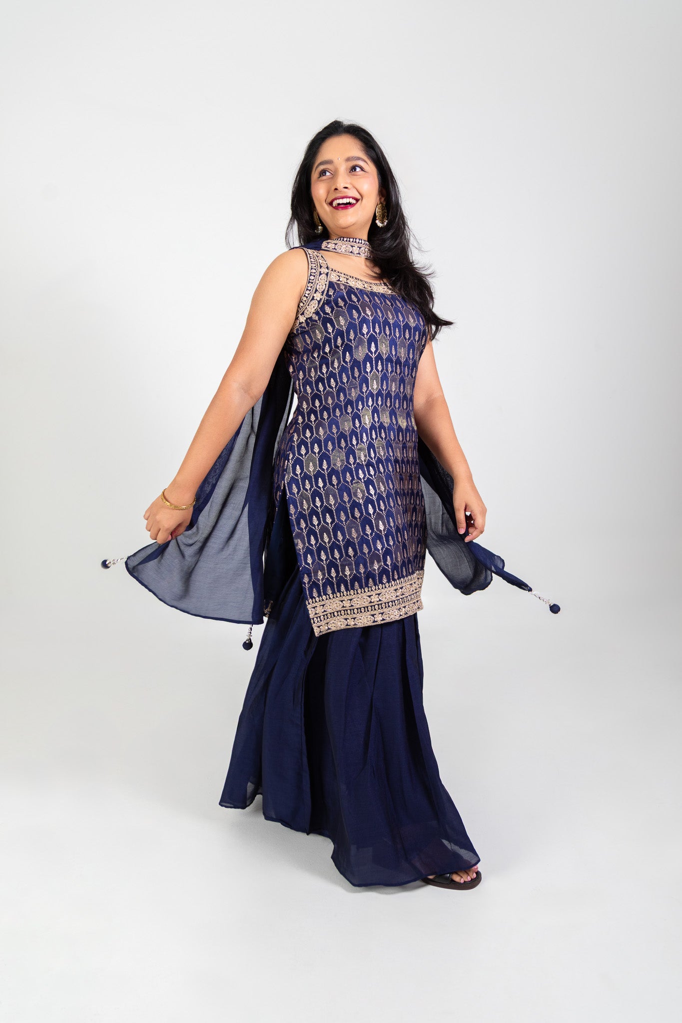 Navy Blue Gold Embroided Sharara Set