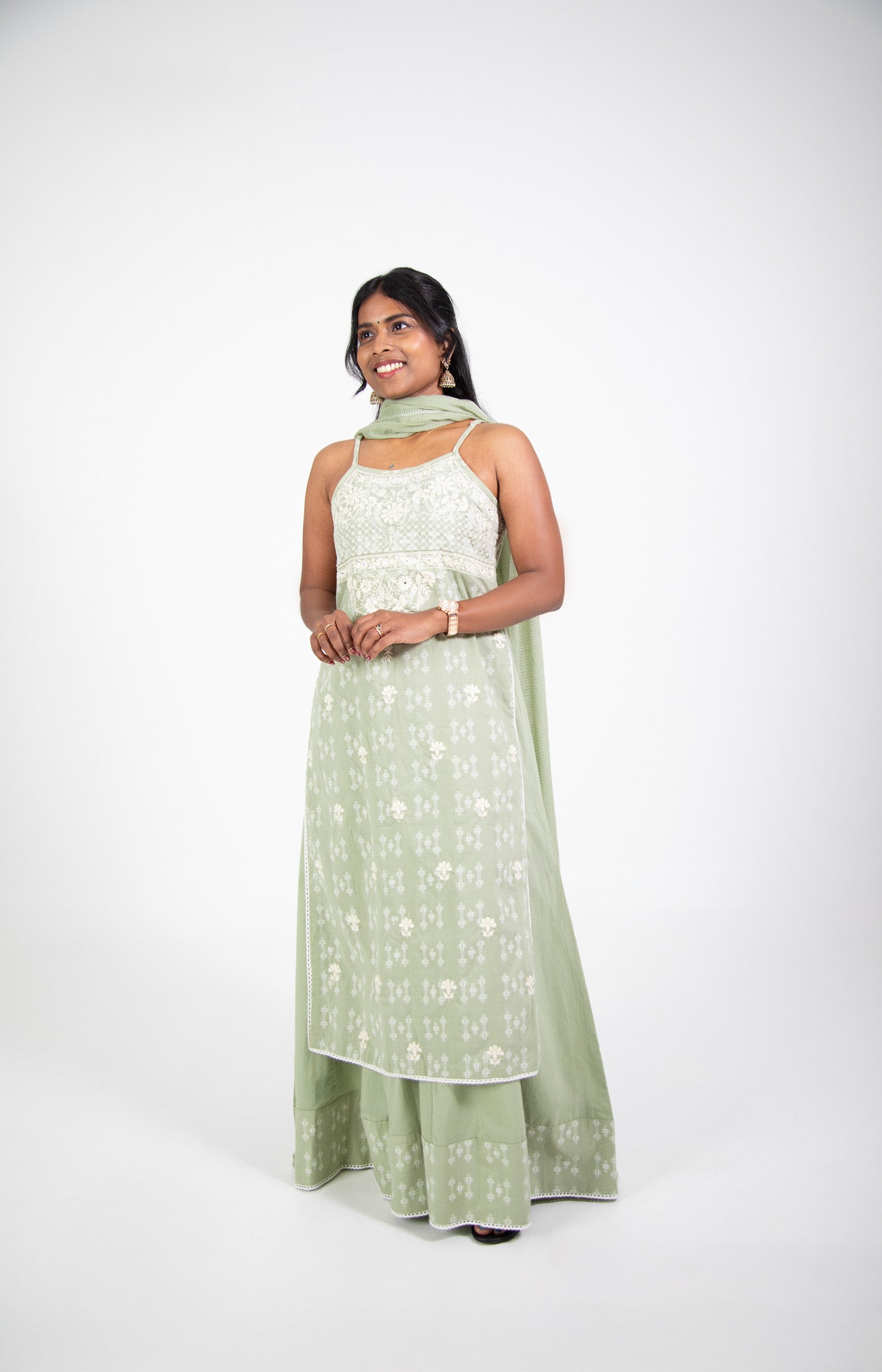 Green Cotton Floral Strappy Suit Set