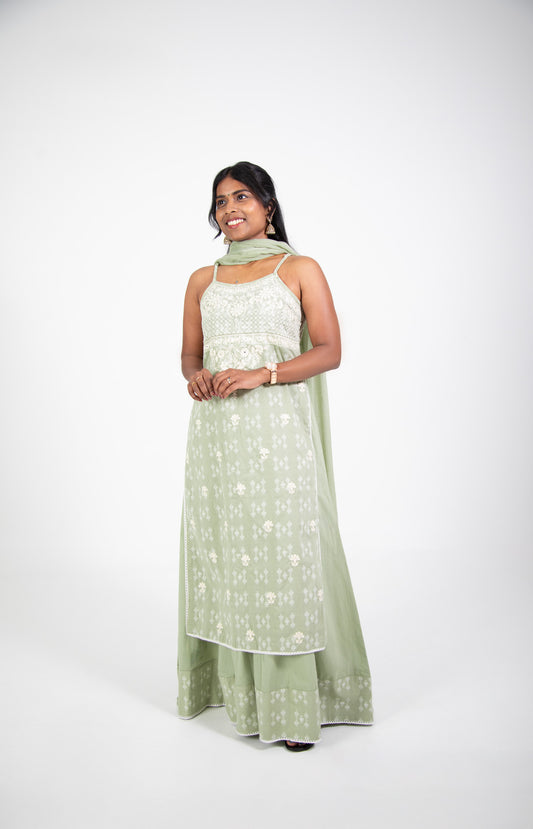Green Cotton Floral Strappy Suit Set