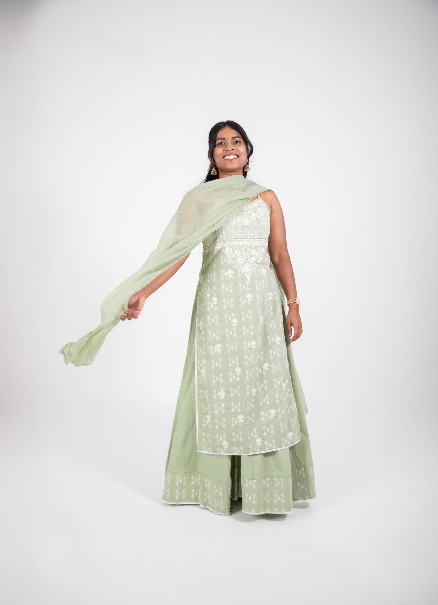 Green Cotton Floral Strappy Suit Set
