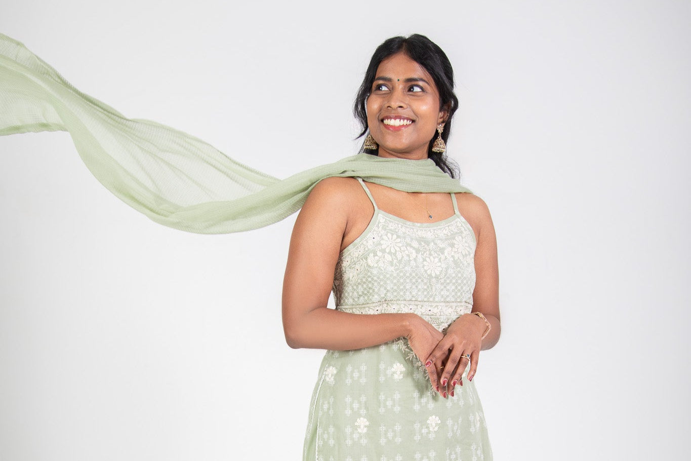 Green Cotton Floral Strappy Suit Set