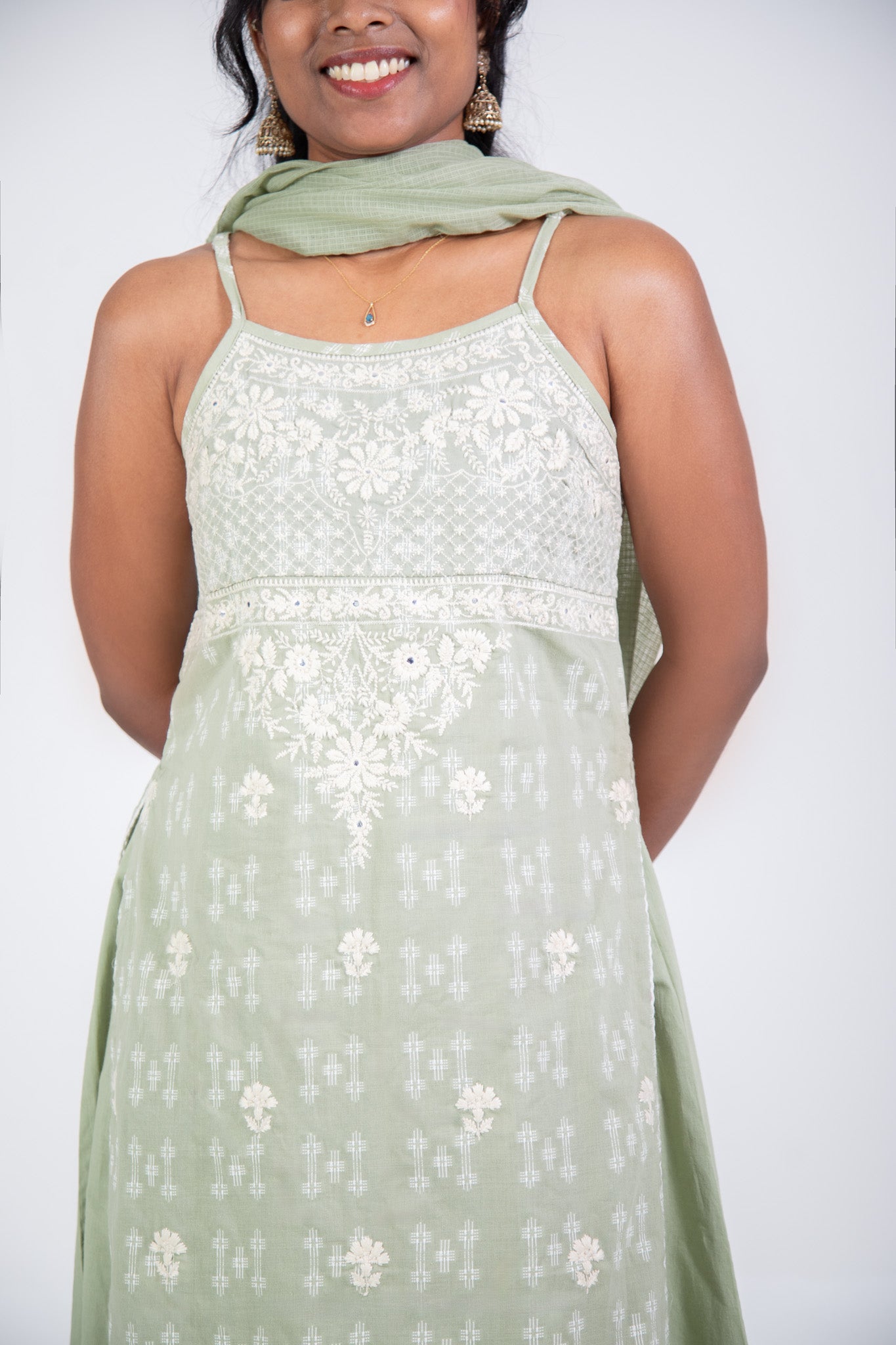 Green Cotton Floral Strappy Suit Set