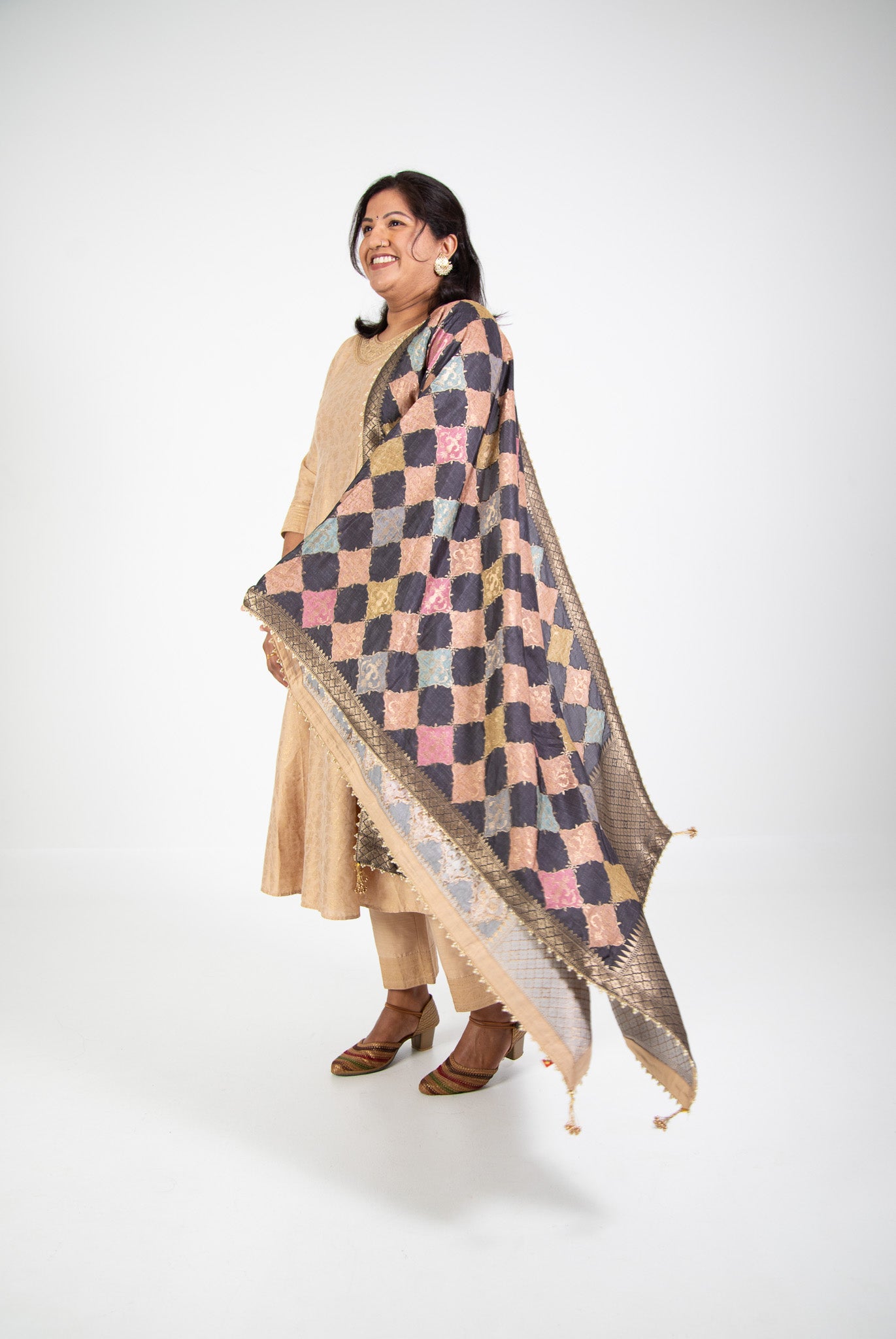 Beige Silk Kurta Set with Patchwork Design Dupatta