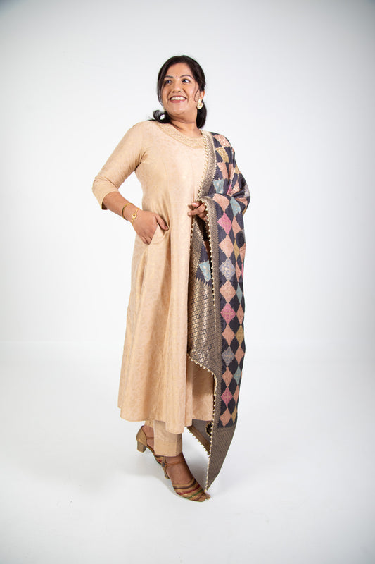 Beige Silk Kurta Set with Patchwork Design Dupatta