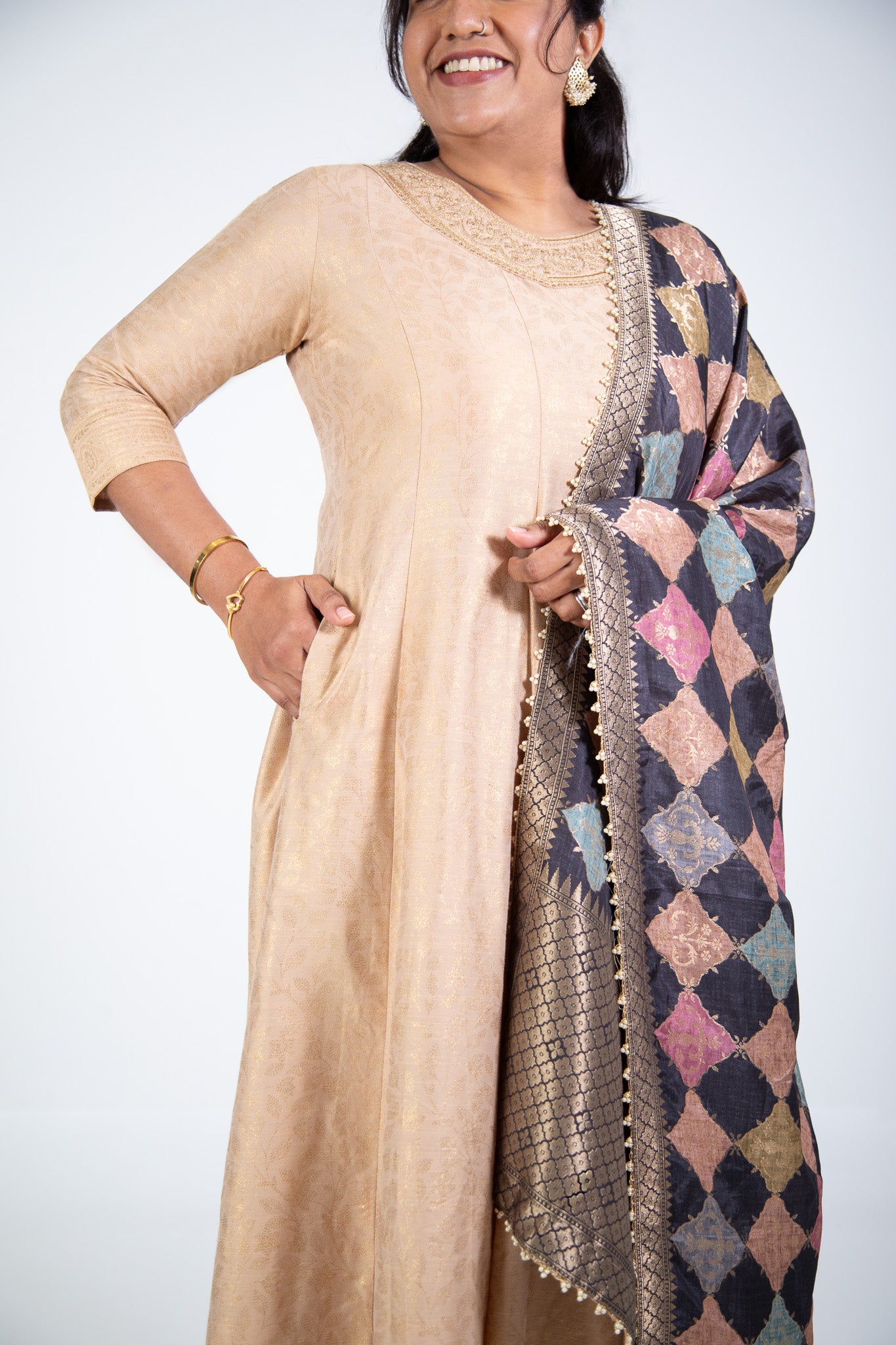 Beige Silk Kurta Set with Patchwork Design Dupatta