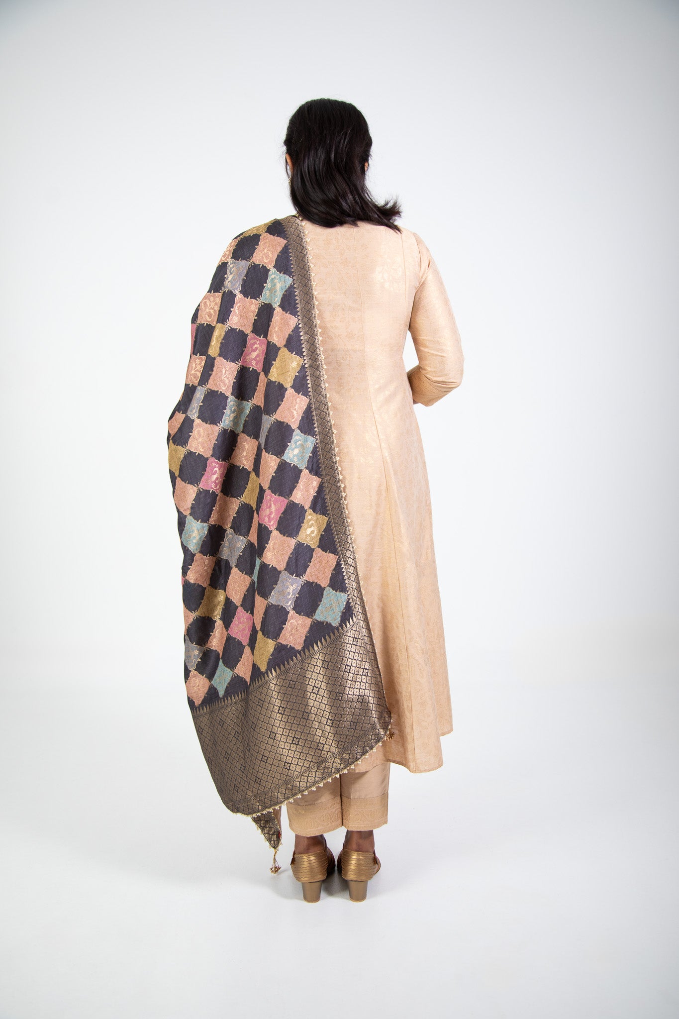 Beige Silk Kurta Set with Patchwork Design Dupatta
