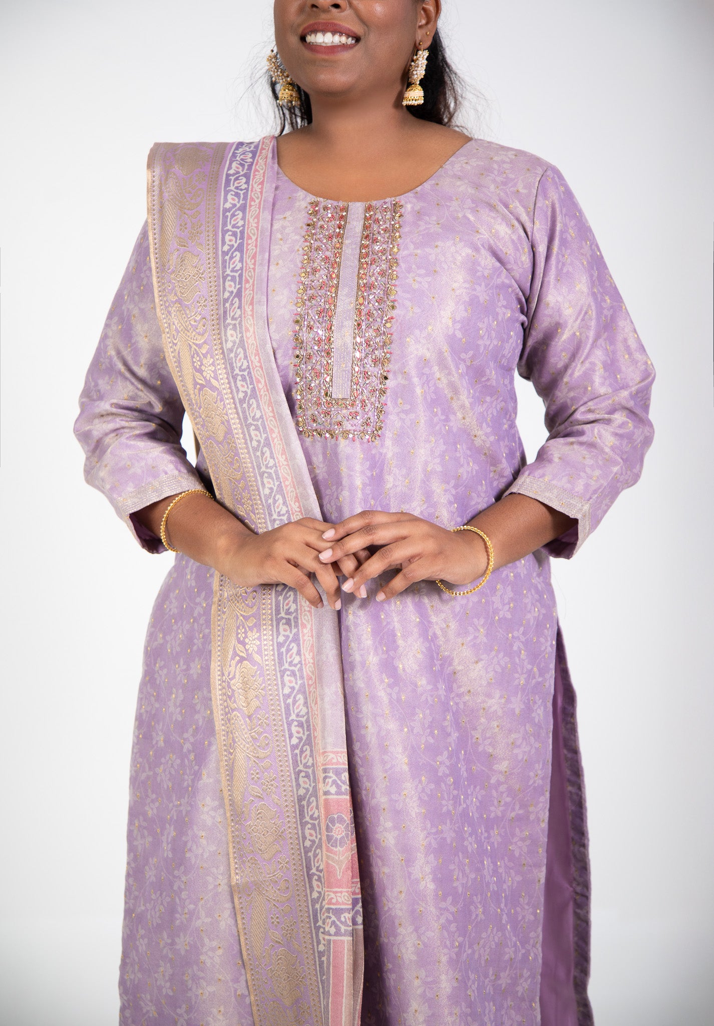 Lavender Floral Suit with Printed Dupatta