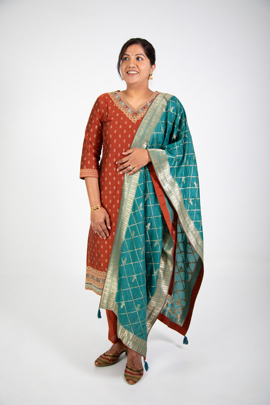 Bronze Silk Kurta Set with Teal Dupatta