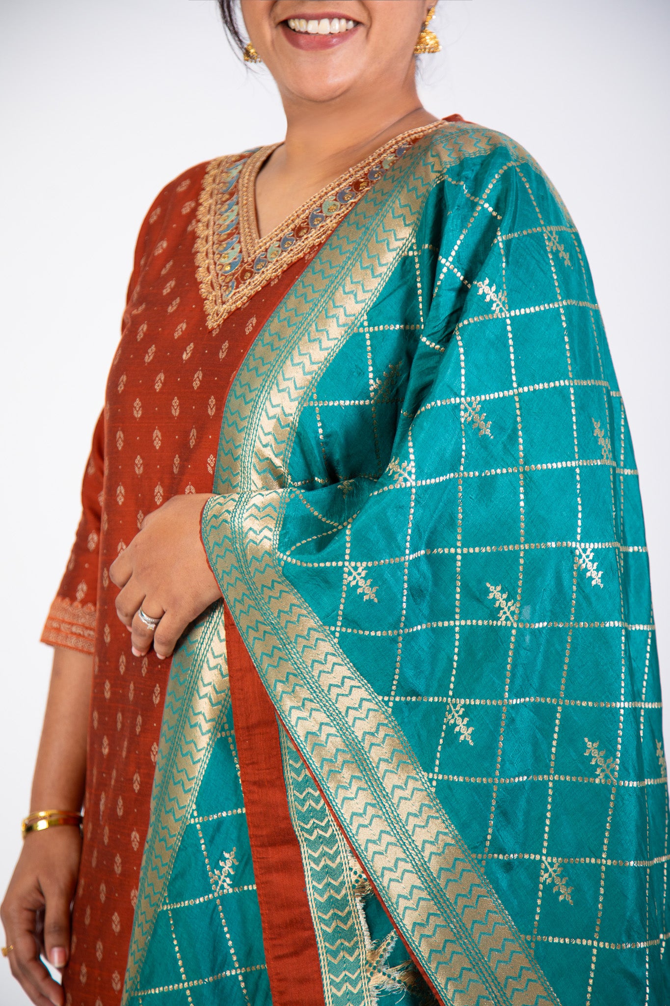 Bronze Silk Kurta Set with Teal Dupatta
