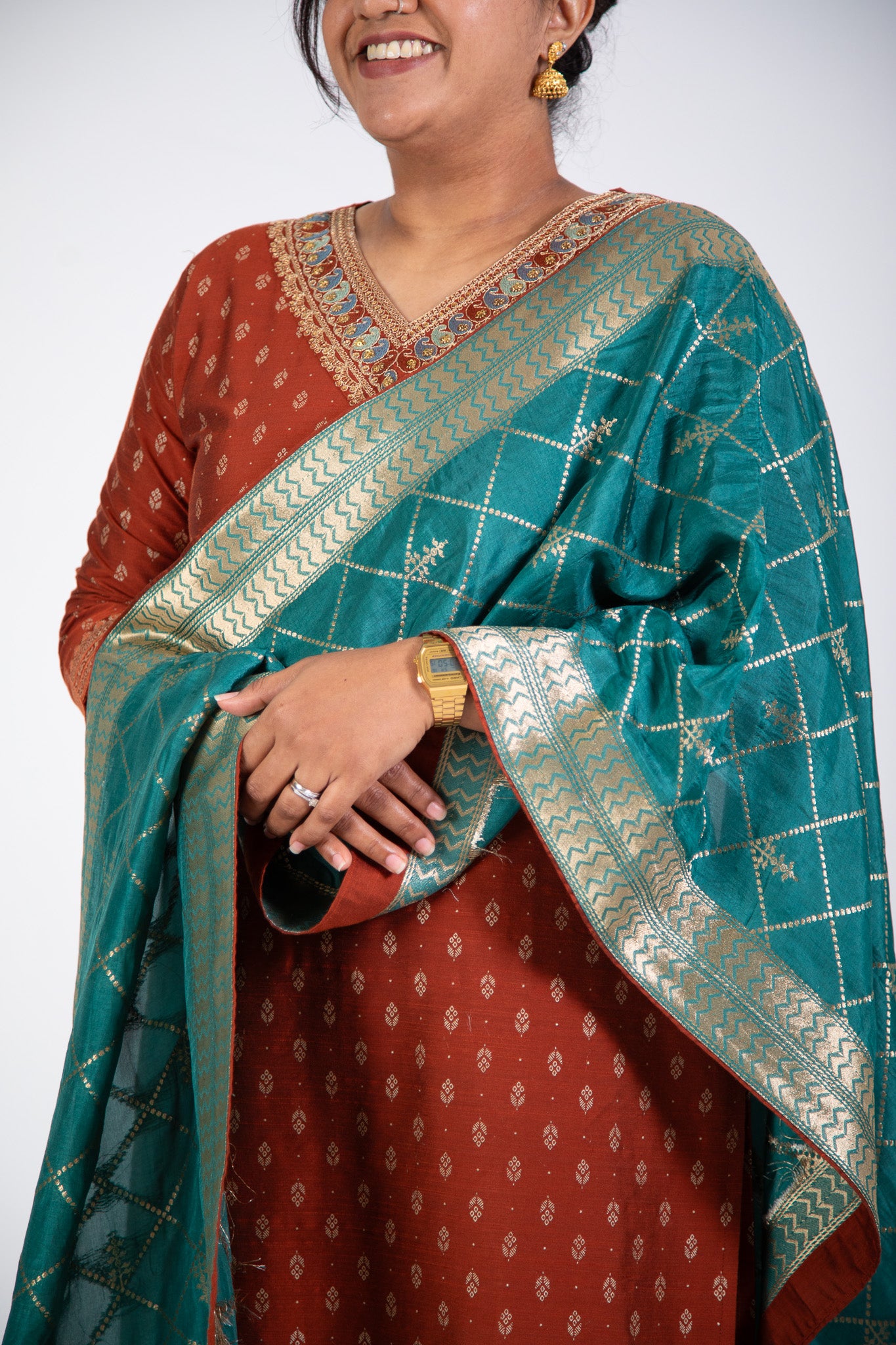 Bronze Silk Kurta Set with Teal Dupatta