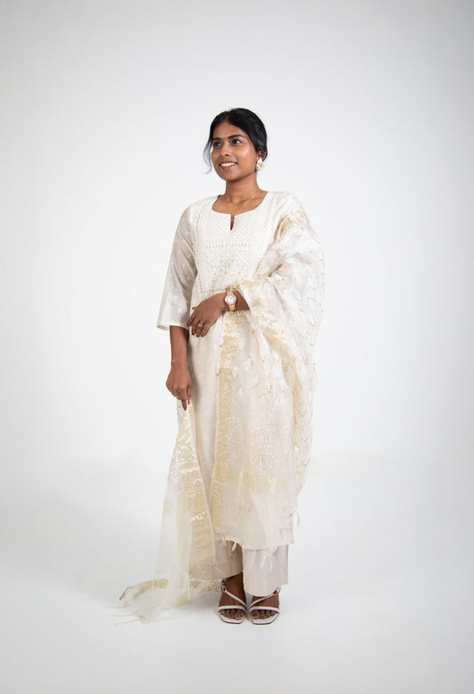 Ivory Gold-Embroidered Kurta Suit Set