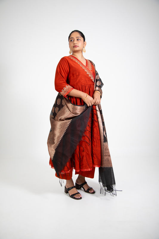 Rust Angrakha Anarkali Set with Banarasi Dupatta