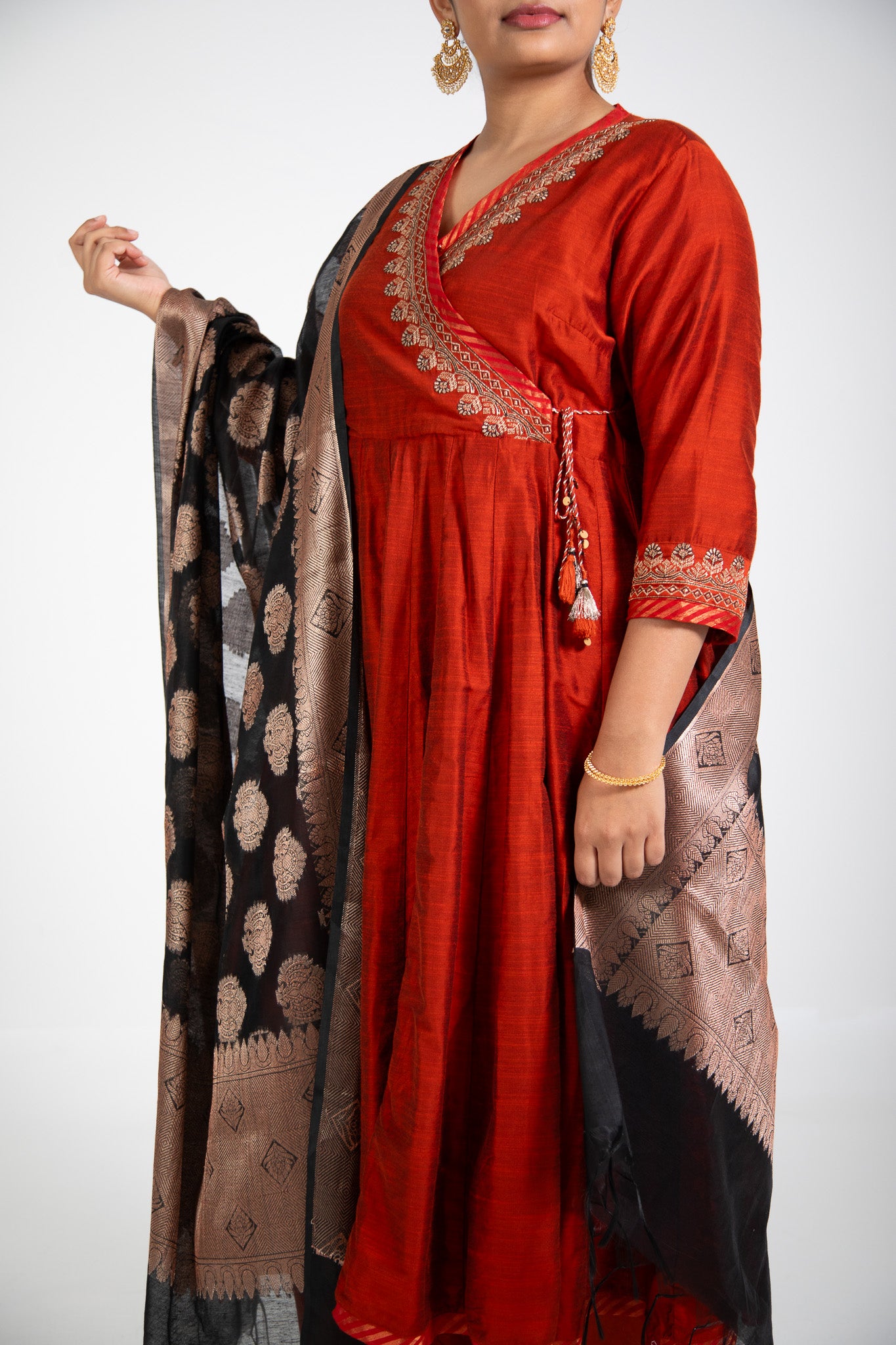 Rust Angrakha Anarkali Set with Banarasi Dupatta