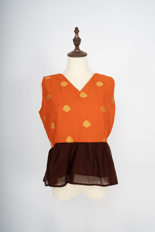 Burnt Orange & Maroon Dual-Tone Peplum Top