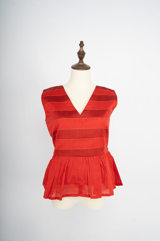 Crimson Striped Handloom Peplum Top