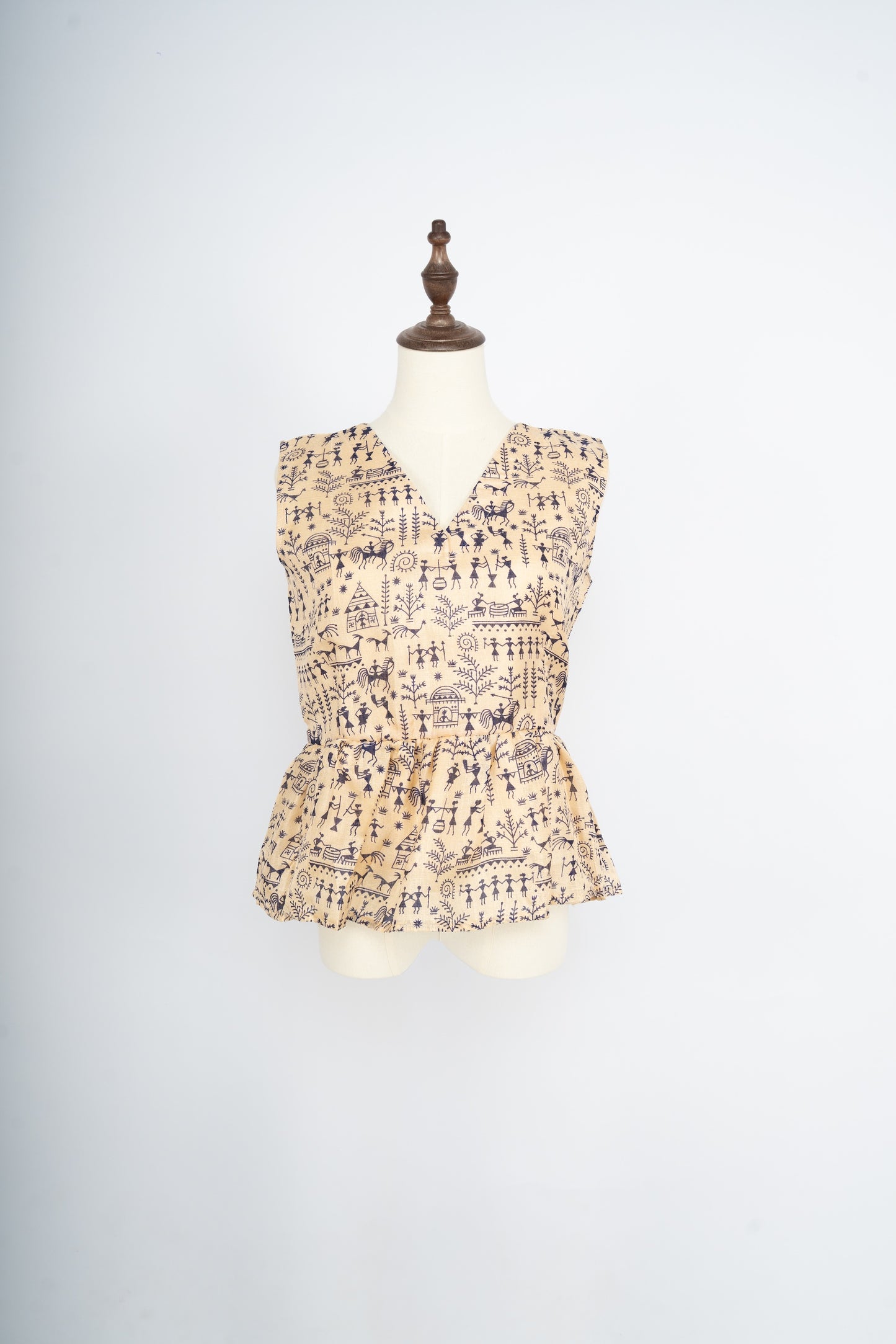 Beige Warli Print Peplum Top
