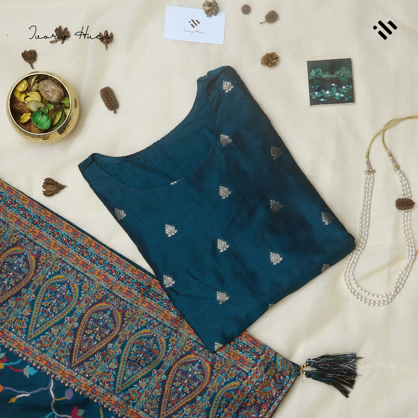 Deep Teal Floral Chanderi Set