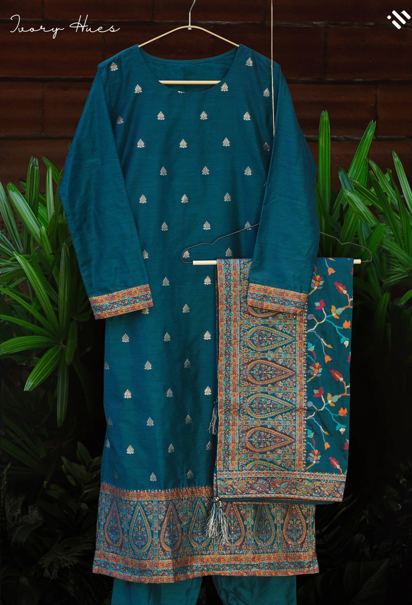 Deep Teal Floral Chanderi Set