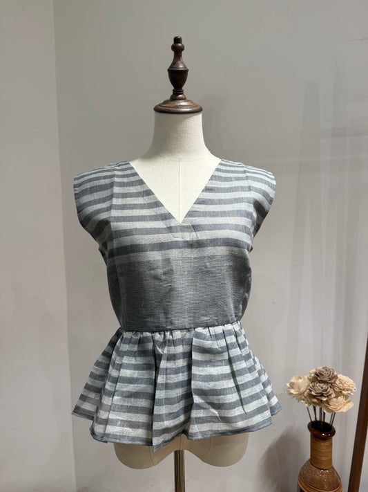 Grey Striped Handwoven Peplum Top