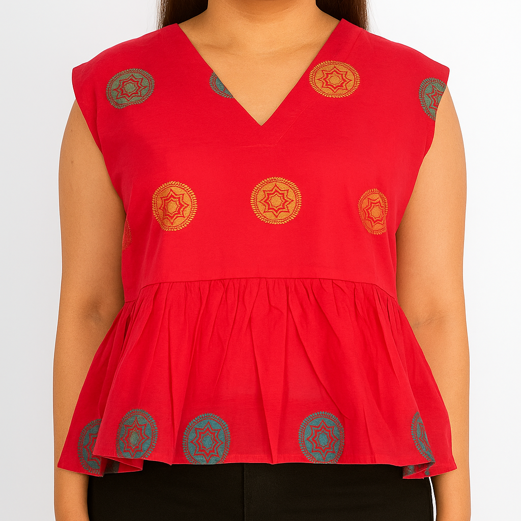 Fuchsia Mandala Cotton Peplum Top