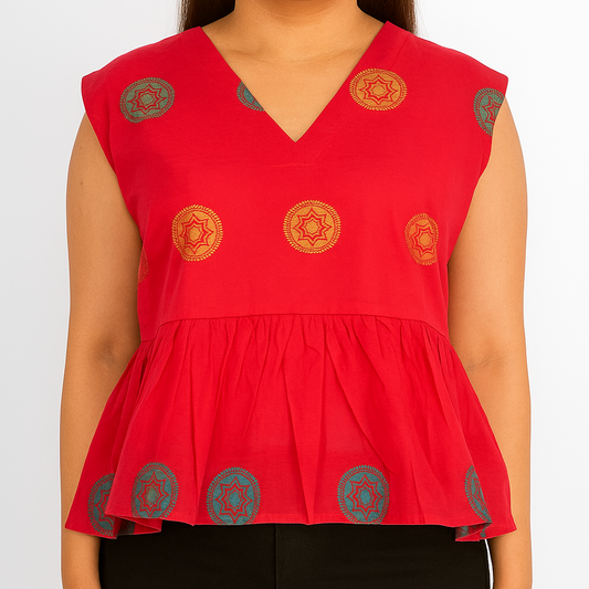 Fuchsia Mandala Cotton Peplum Top