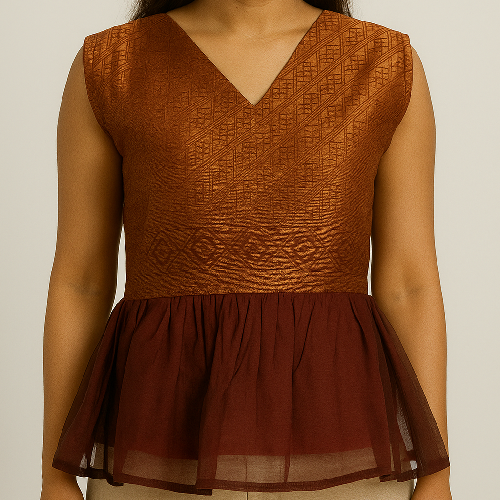 Maroon & Copper Brocade Peplum Top