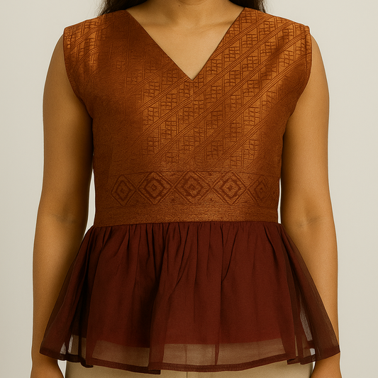 Maroon & Copper Brocade Peplum Top