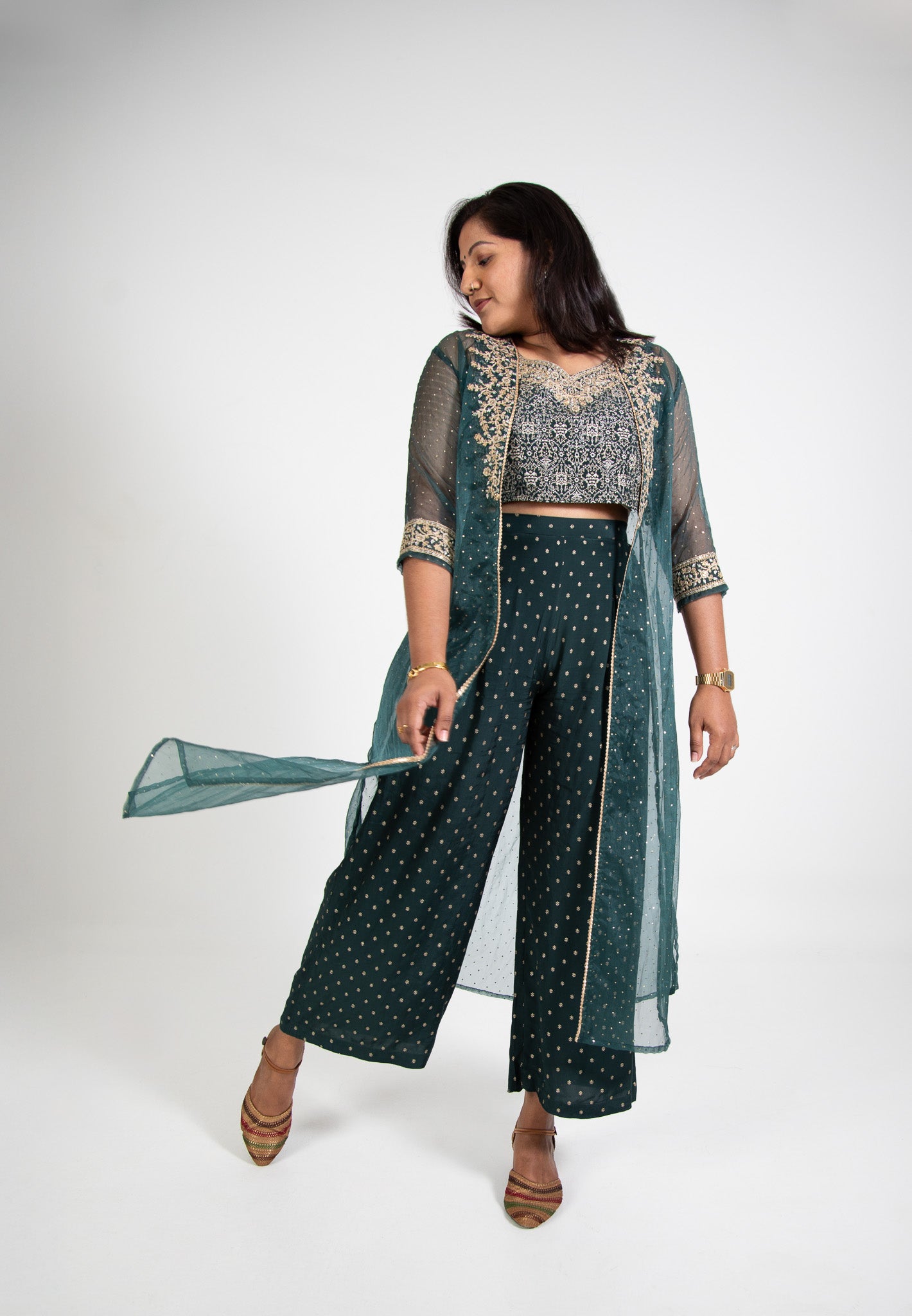 Oxford Green Embroidered Shrug Set