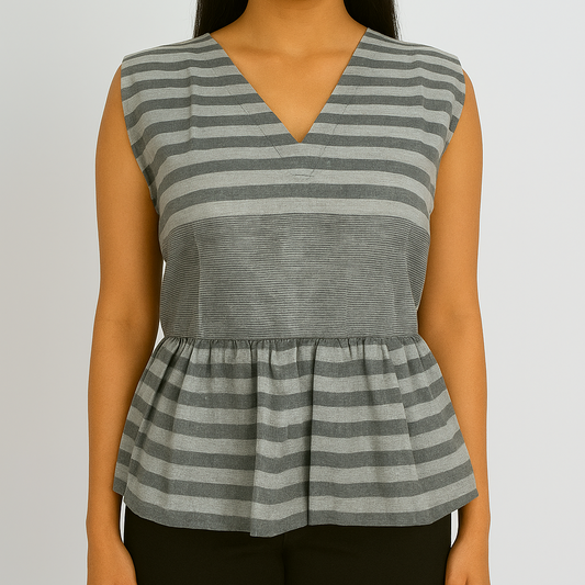 Grey Striped Handwoven Peplum Top