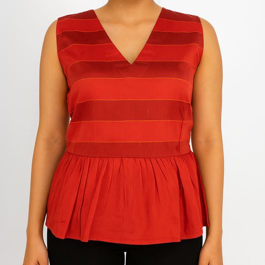 Crimson Striped Handloom Peplum Top