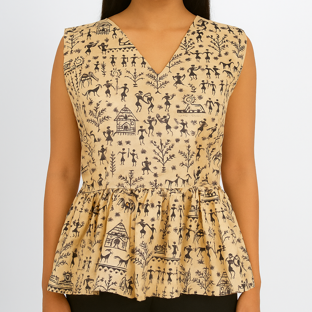 Beige Warli Print Peplum Top