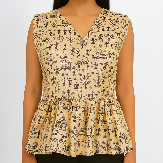 Beige Warli Print Peplum Top