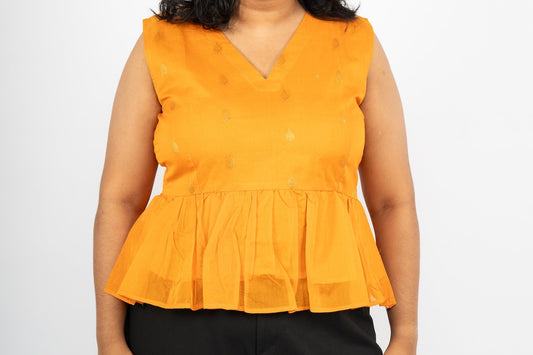 Mustard Gold Threaded Cotton Peplum Top