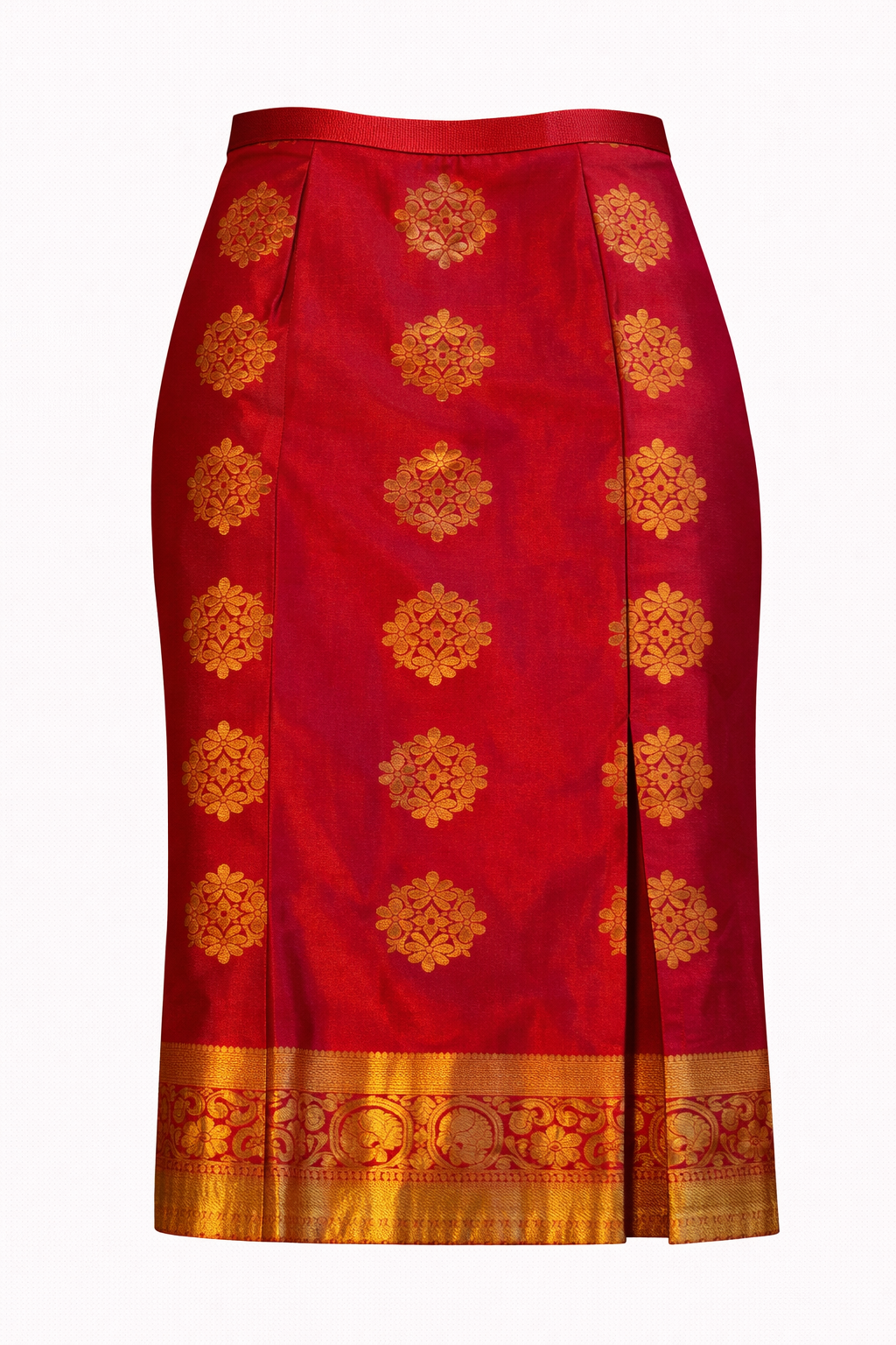 Hot Pink Silk with All-Over Gold Floral Buttas Nadir Skirt