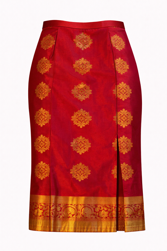 Hot Pink Silk with All-Over Gold Floral Buttas Nadir Skirt