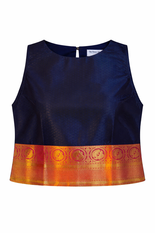 Navy Silk with Gold-Pink Medallion Kanjivaram Zenith Crop