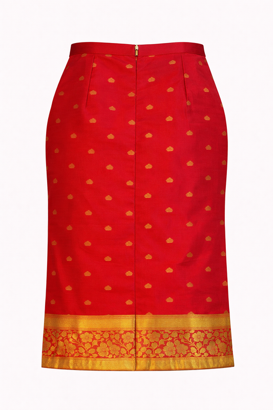 Red Silk with Gold Lotus Buttas Nadir Skirt